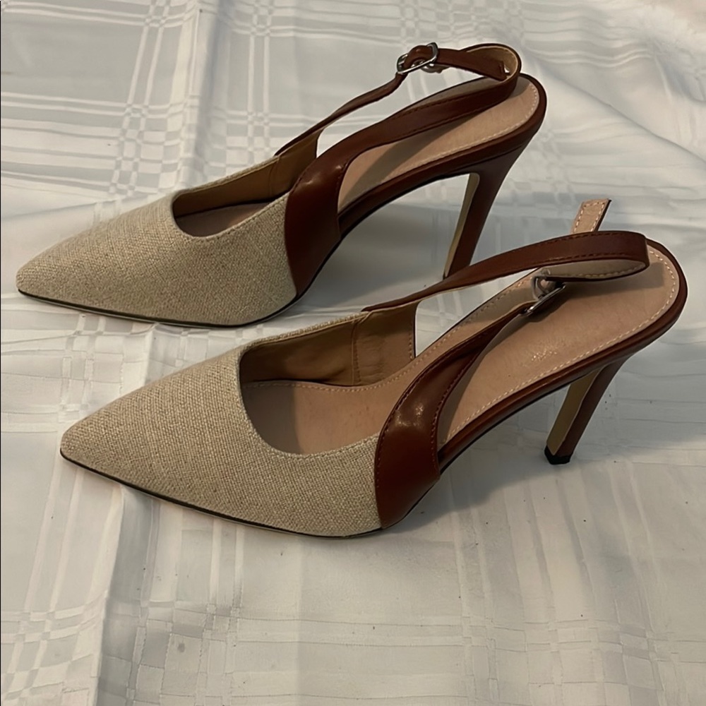 Elegant Cream and Brown Slingback Heels with Pointed Toe
